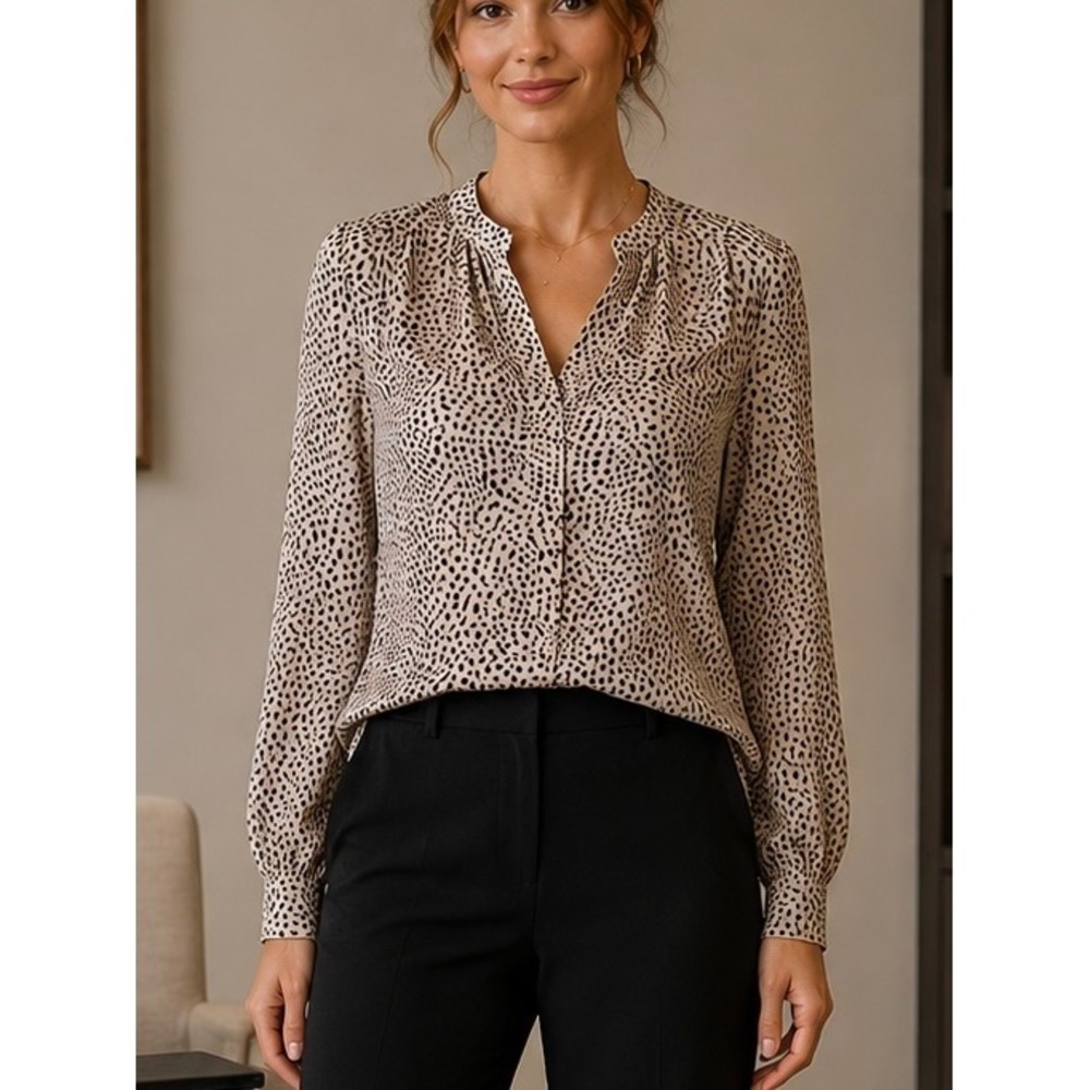 41 Hawthorn Womens Blouse Tan Black Large Petite Animal Print Split Neck Office